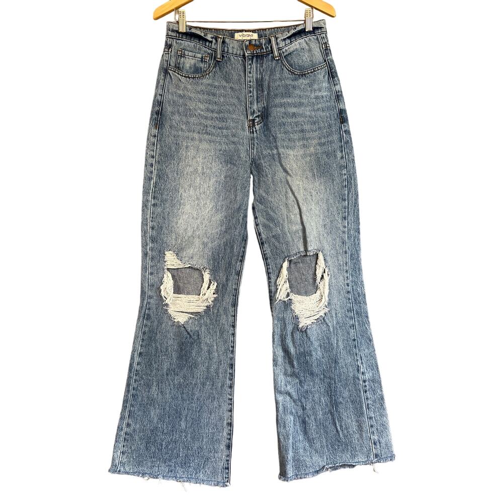 Vibrant MIU Jeans Womens 11 Stonewash High Rise Wide Flare Raw Hem Distressed